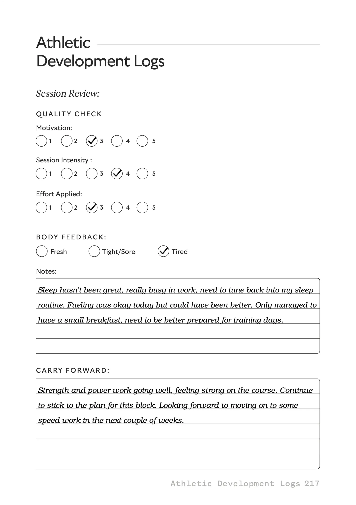Athletic Development Logs, page 2, a filled-in sample page