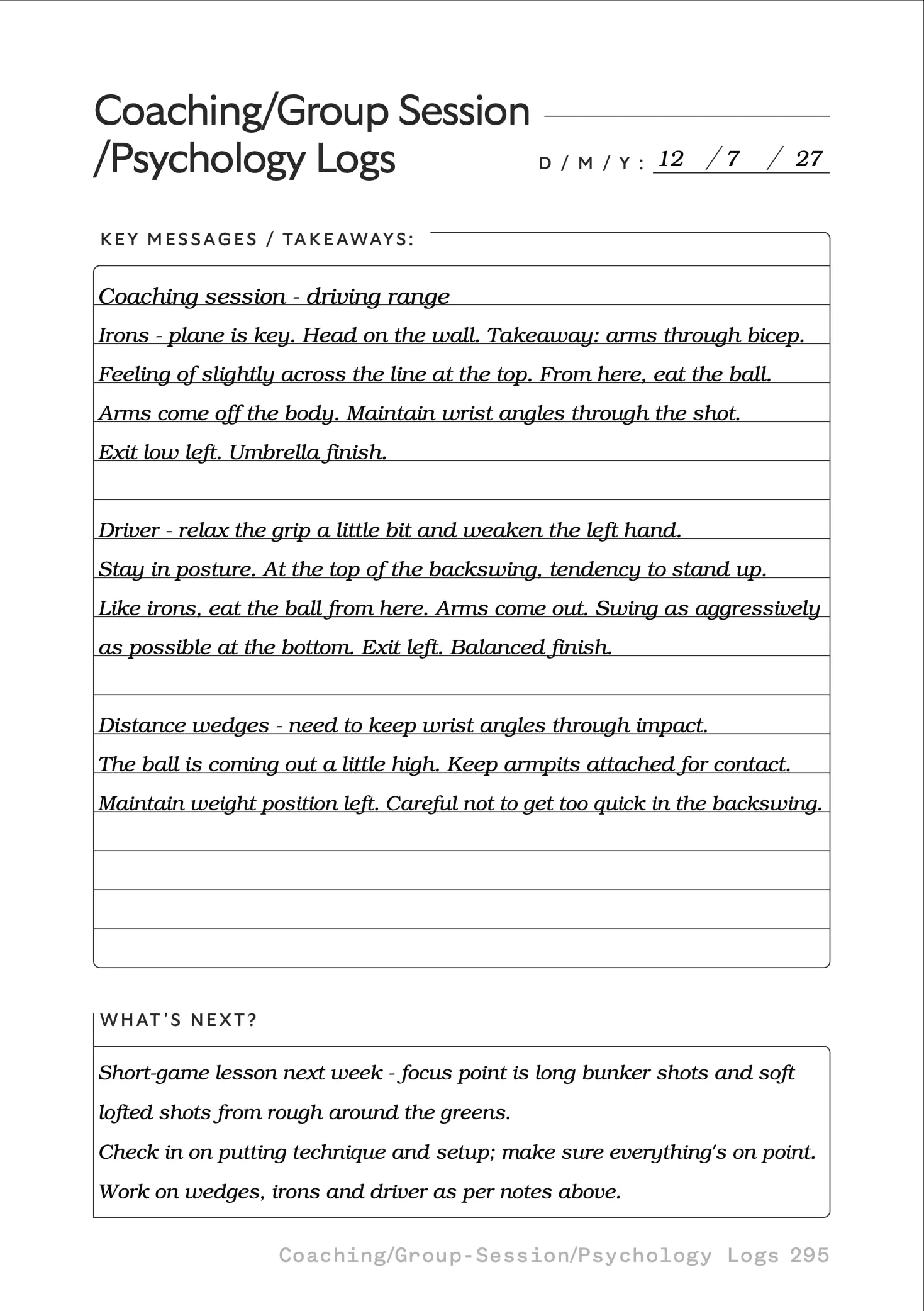 Coaching / Group Session / Psychology Log, a filled-in sample page