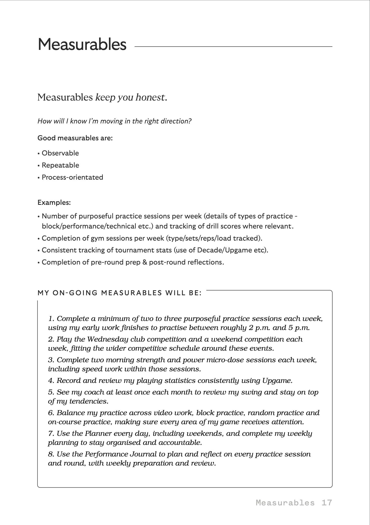 Measurables, a filled-in sample page