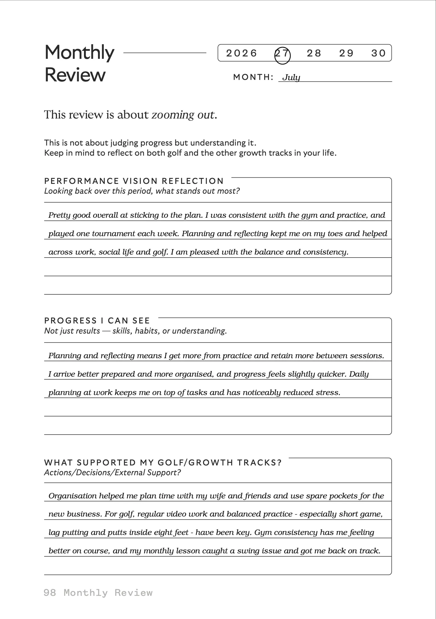 Monthly Review, page 1, a filled-in sample page