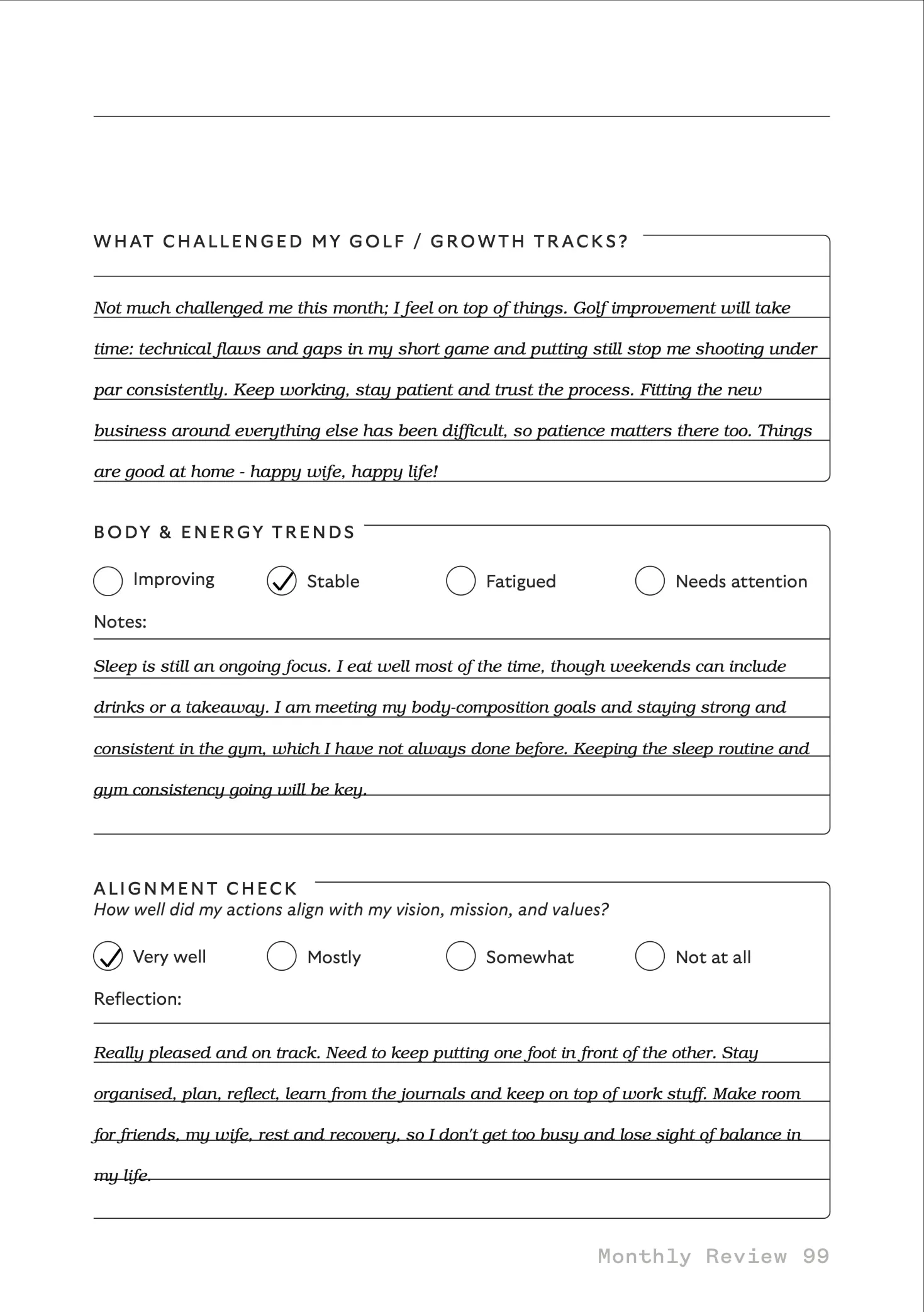 Monthly Review, page 2, a filled-in sample page