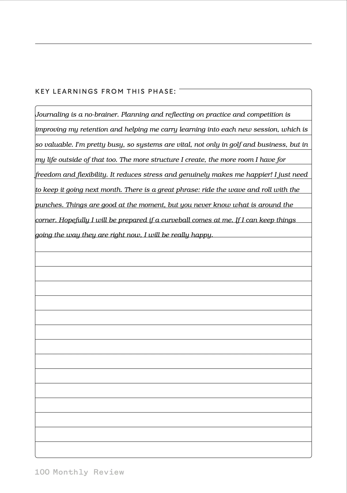 Monthly Review, page 3, a filled-in sample page