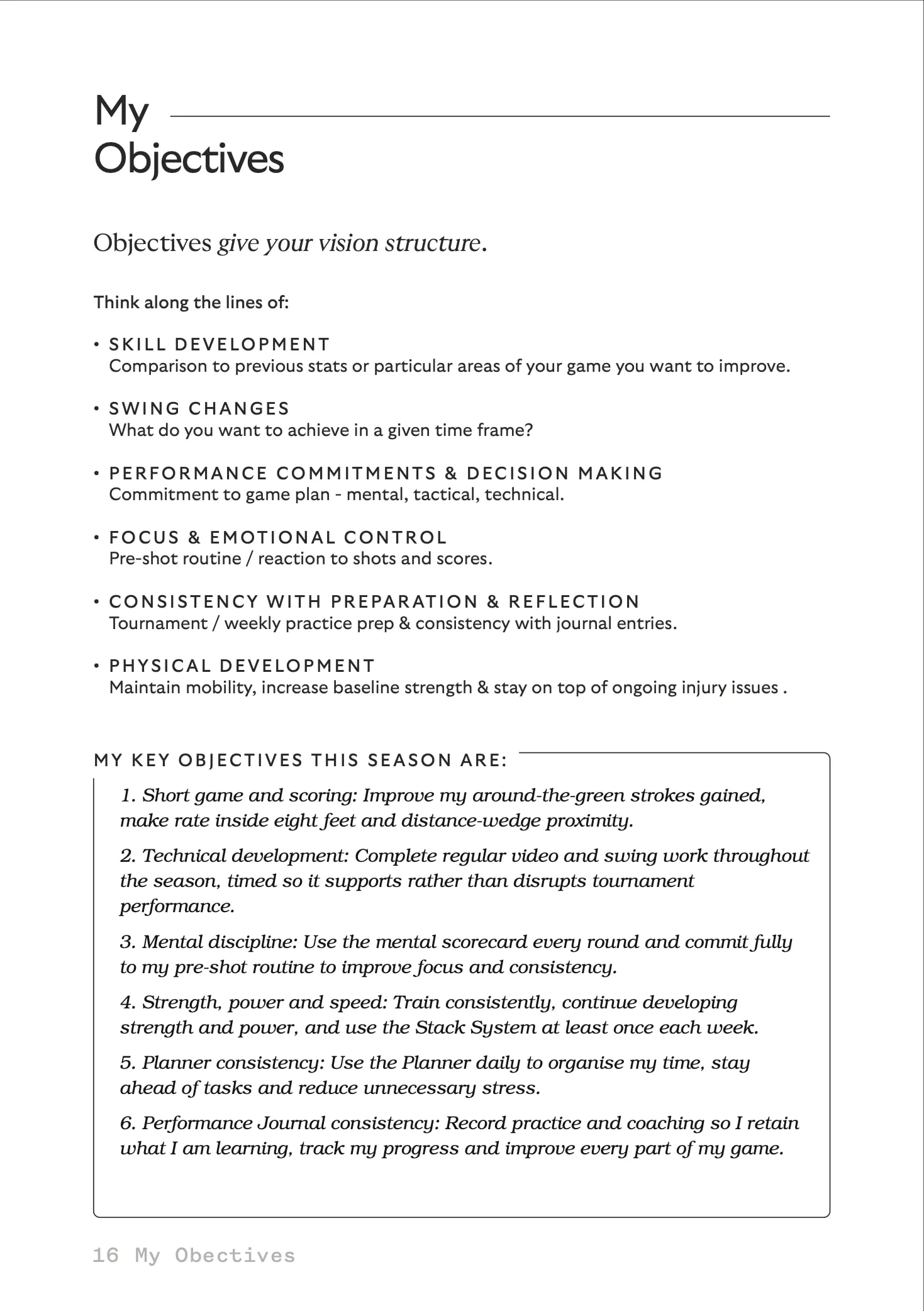 My Objectives, a filled-in sample page