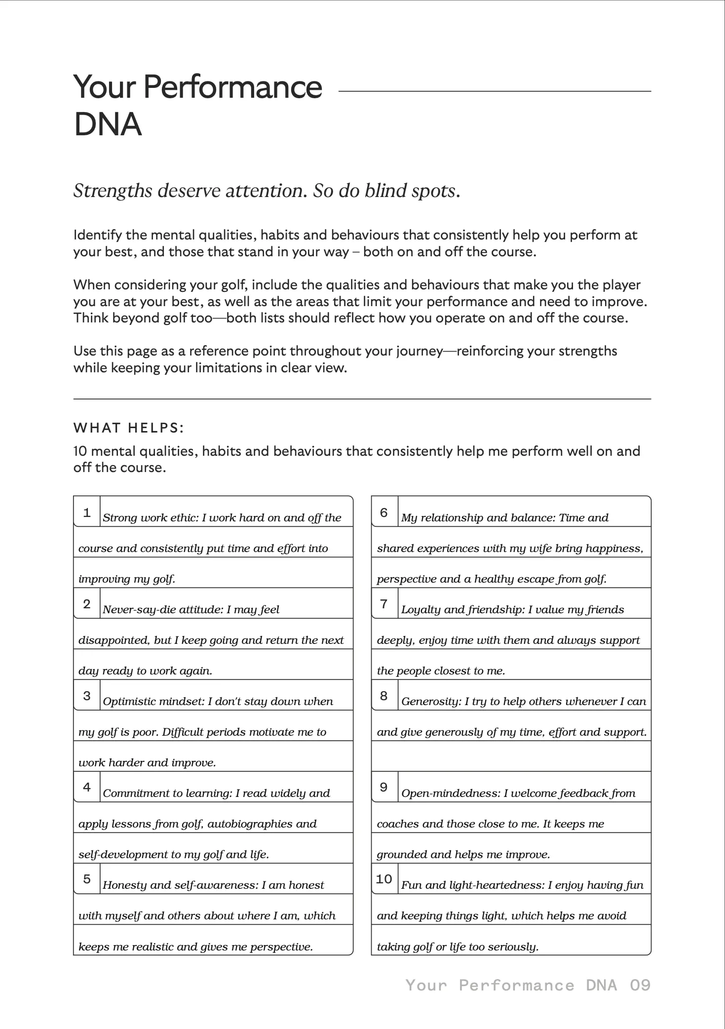 Your Performance DNA, page 1, a filled-in sample page