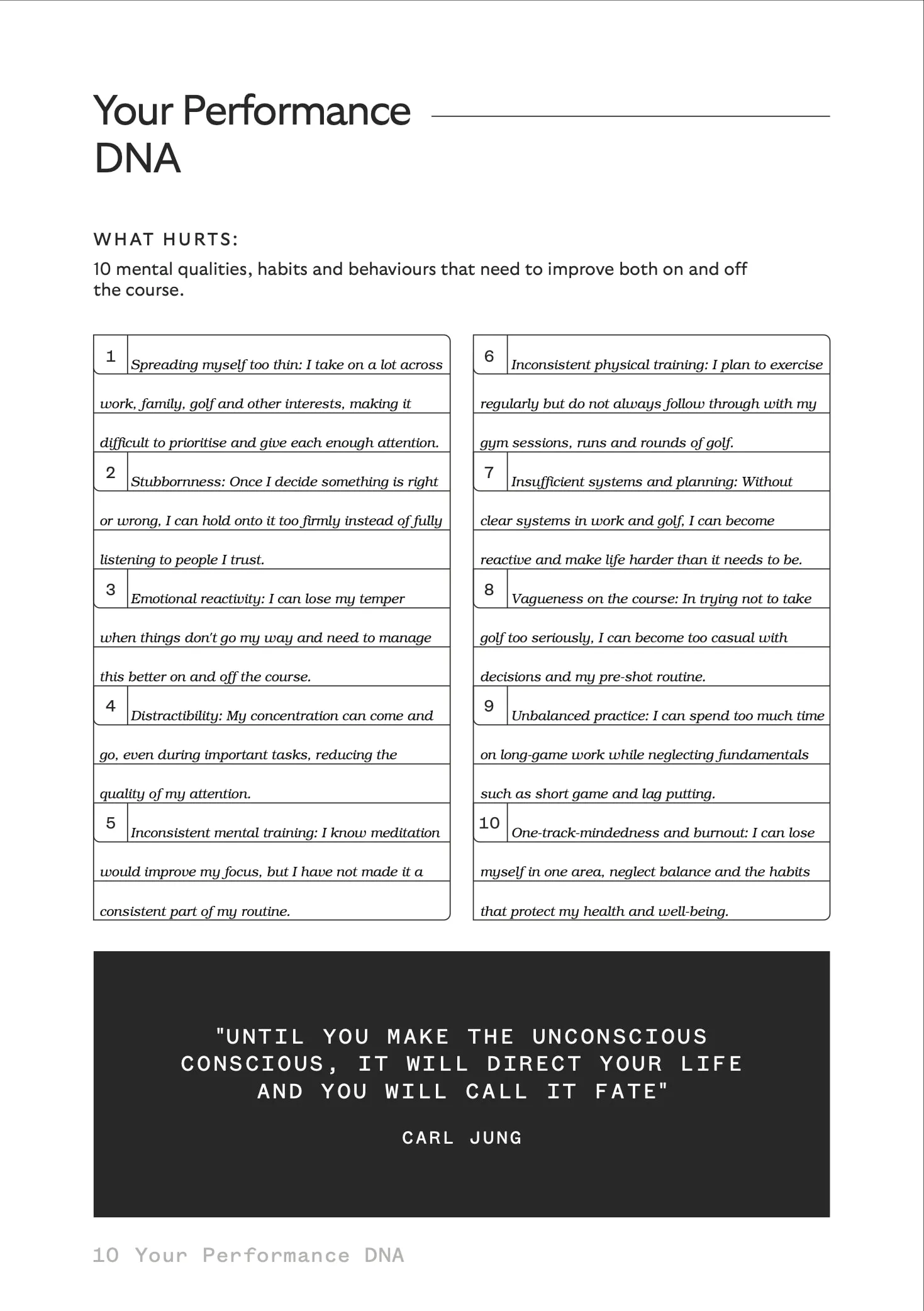 Your Performance DNA, page 2, a filled-in sample page