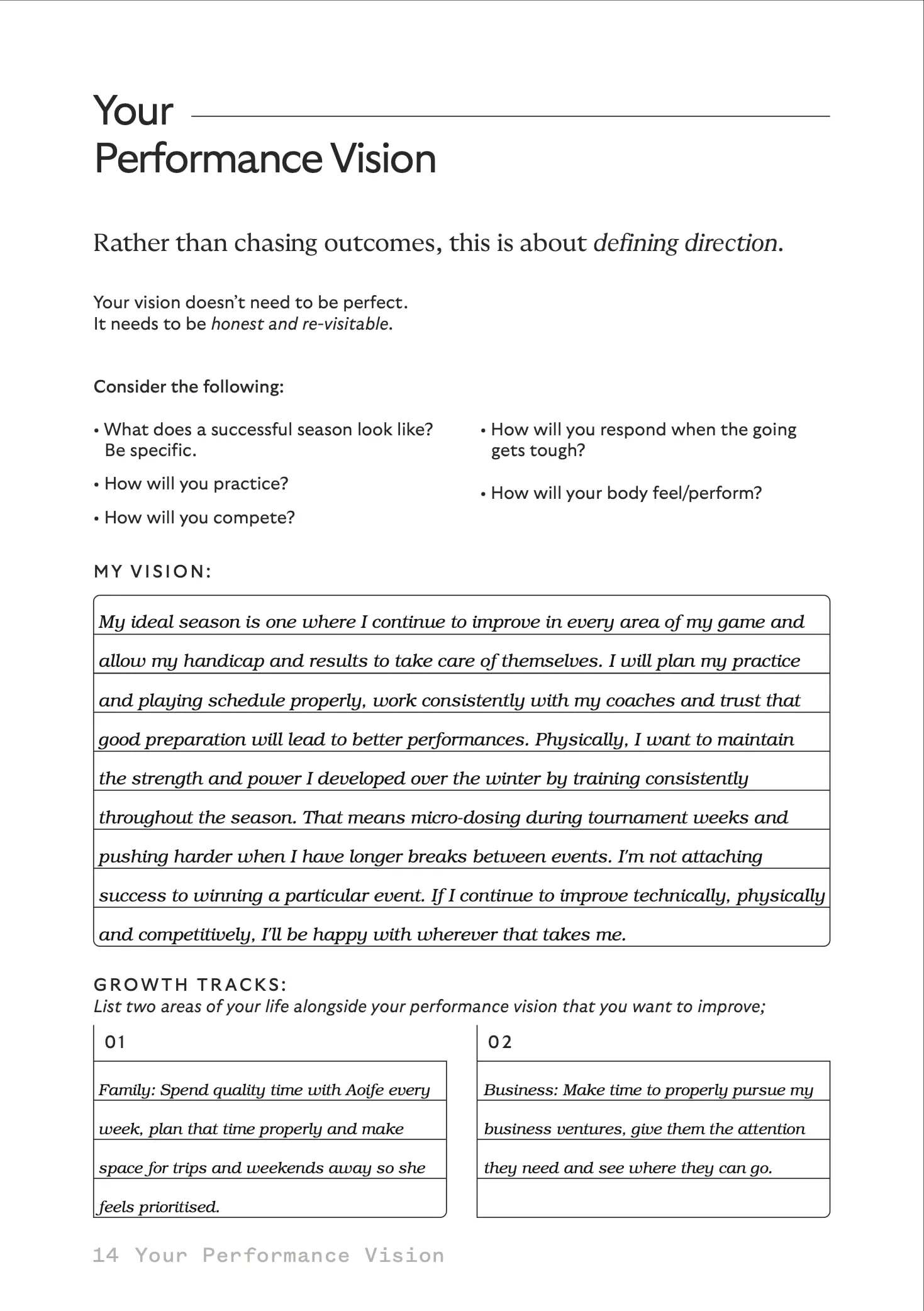 Your Performance Vision, a filled-in sample page