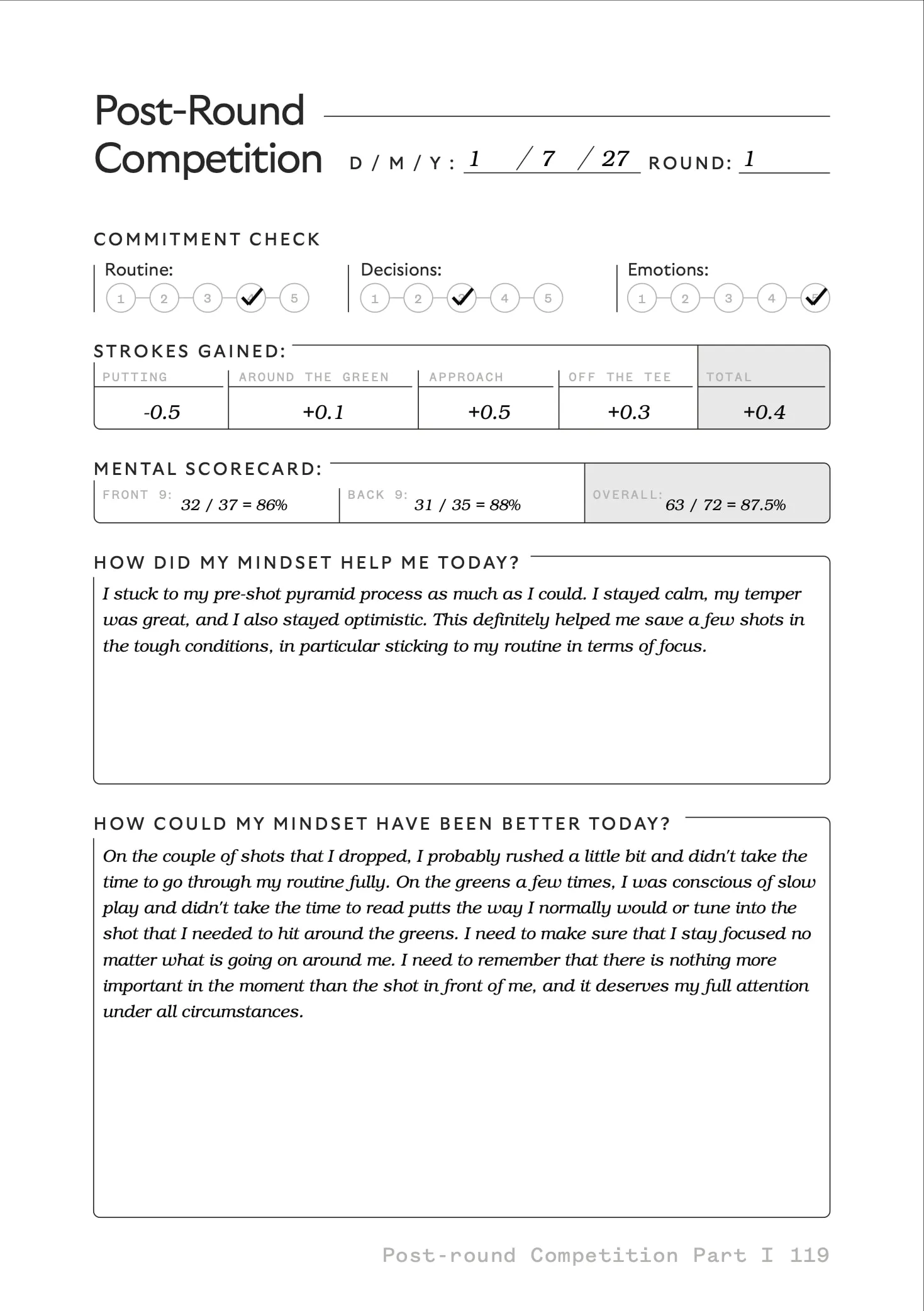 Post-Round Competition, Parts I & II, page 1, a filled-in sample page
