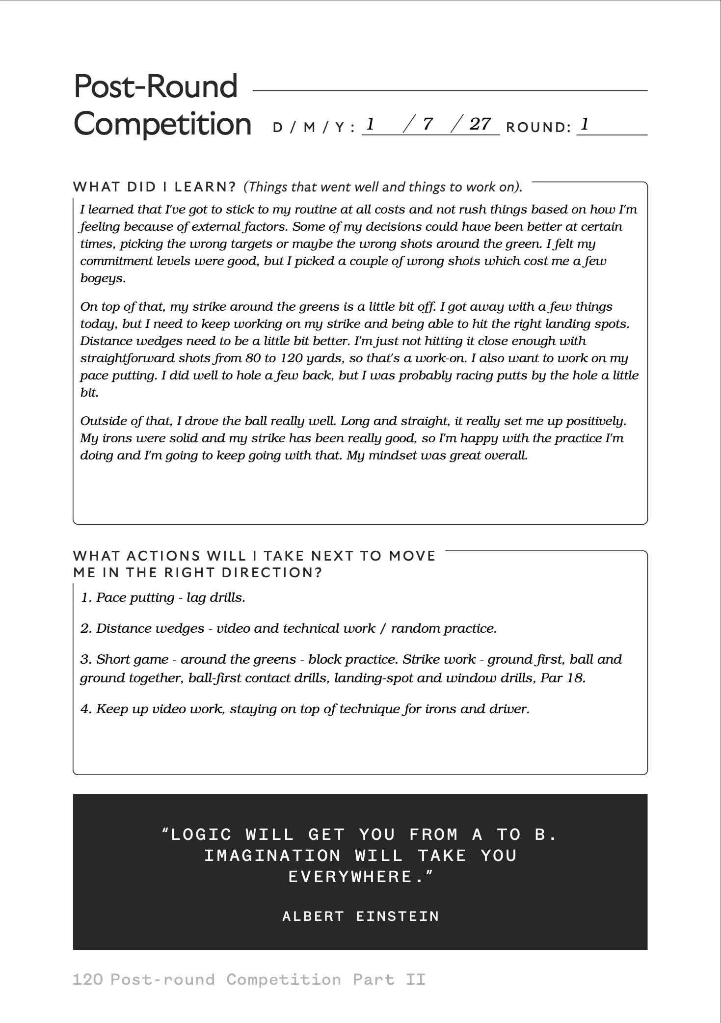 Post-Round Competition, Parts I & II, page 2, a filled-in sample page
