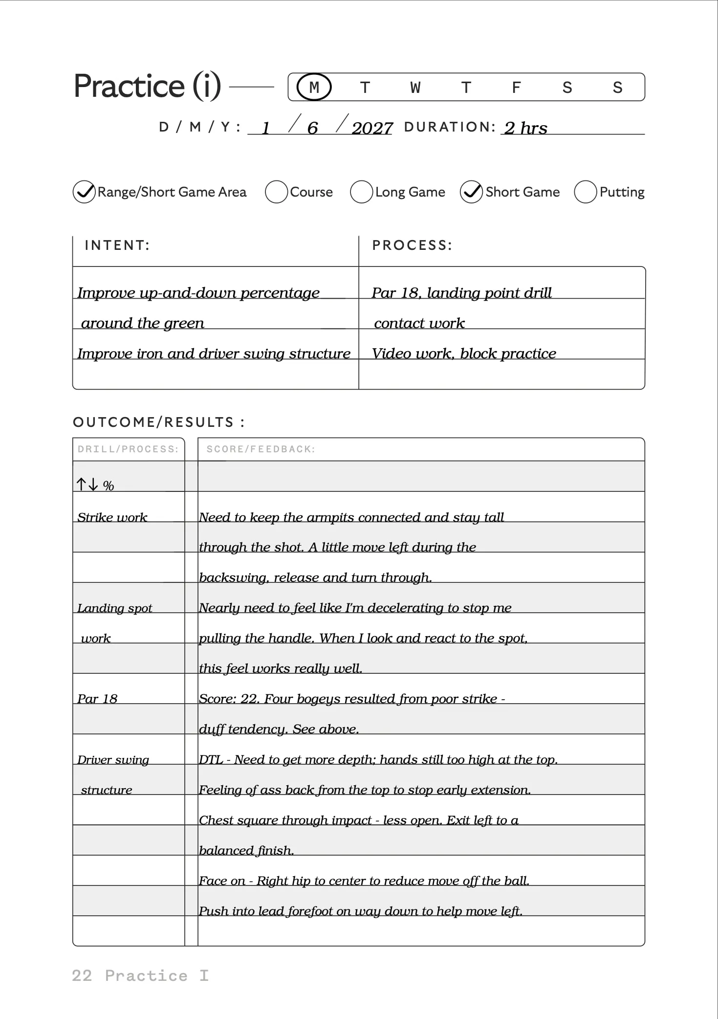 Practice log, filled in