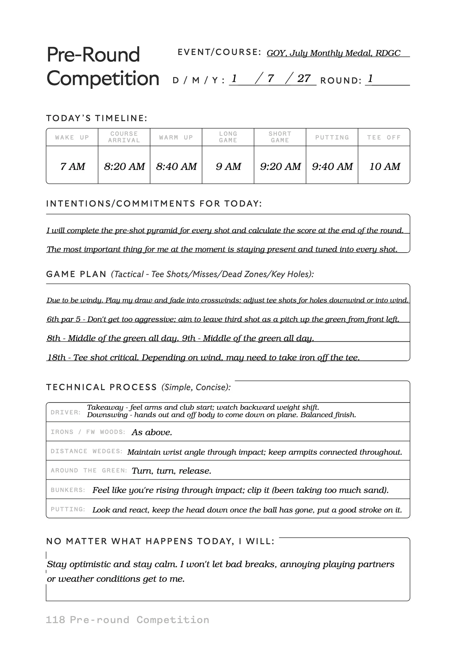 Pre-round competition page, filled in