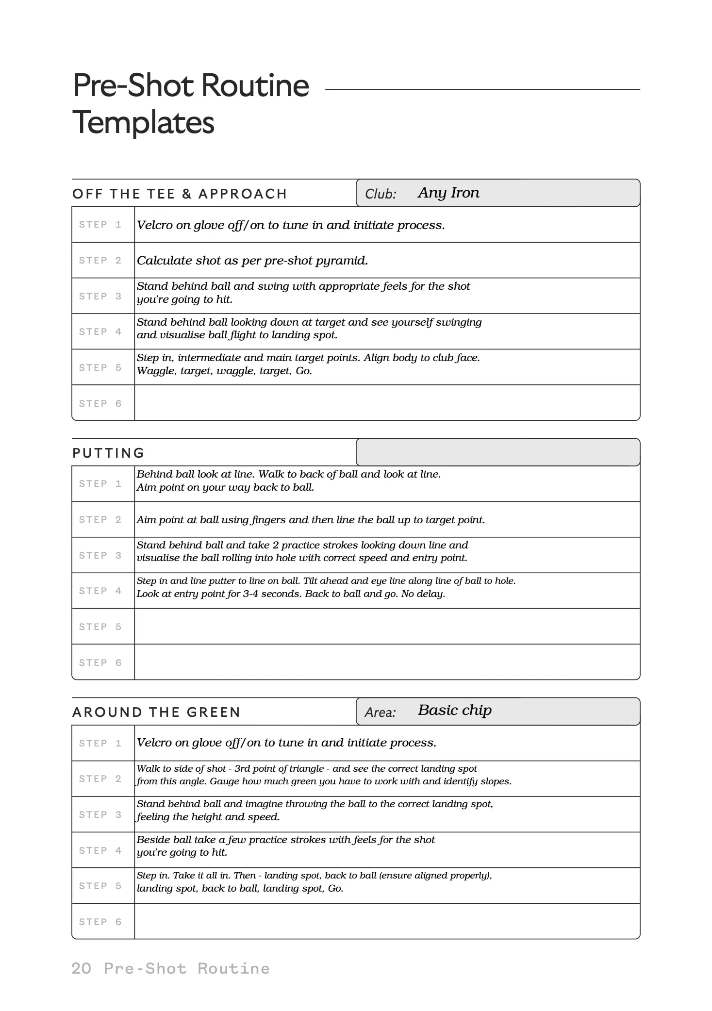 Pre-Shot Routine Templates, a filled-in sample page