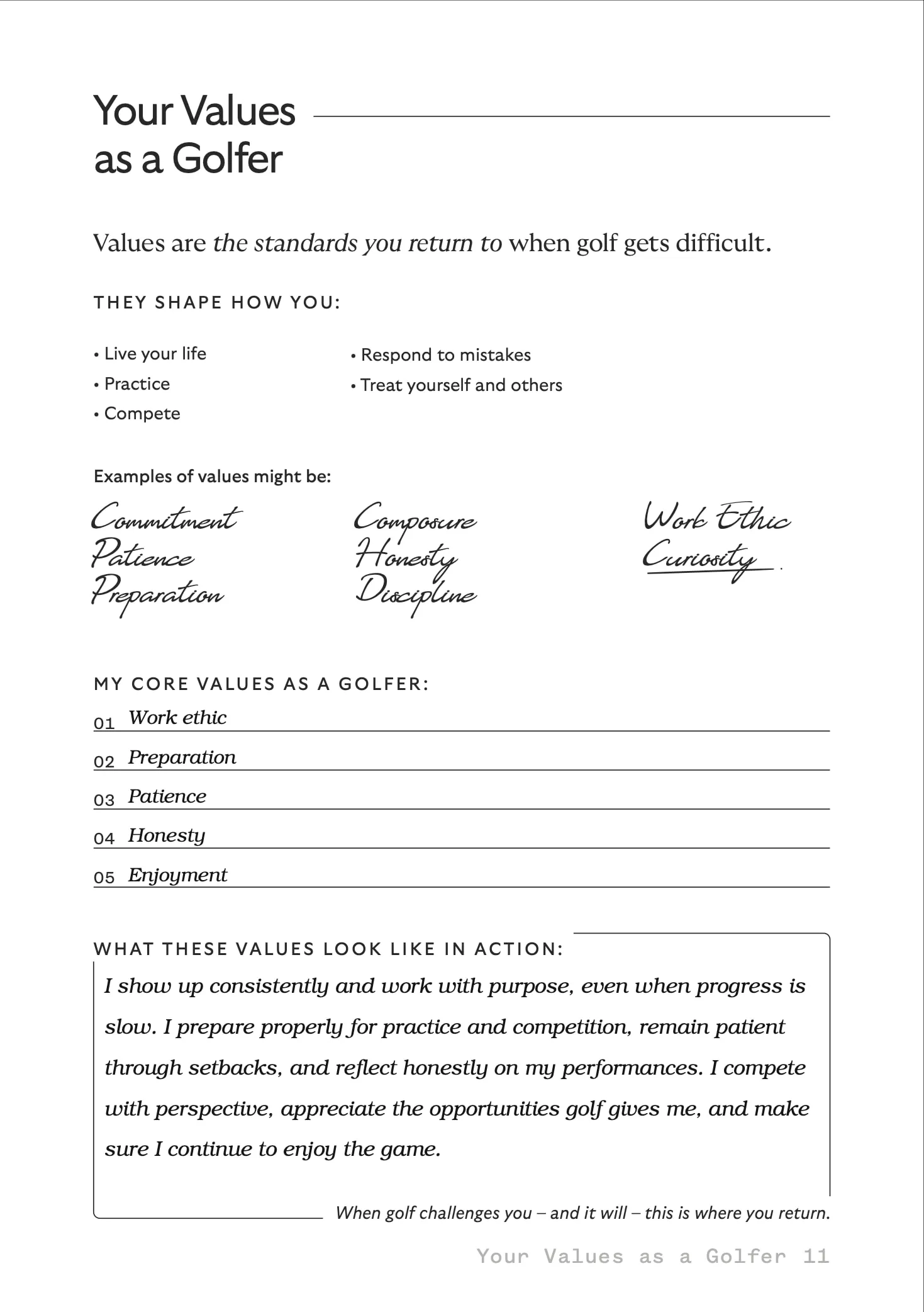 Your Values as a Golfer, a filled-in sample page