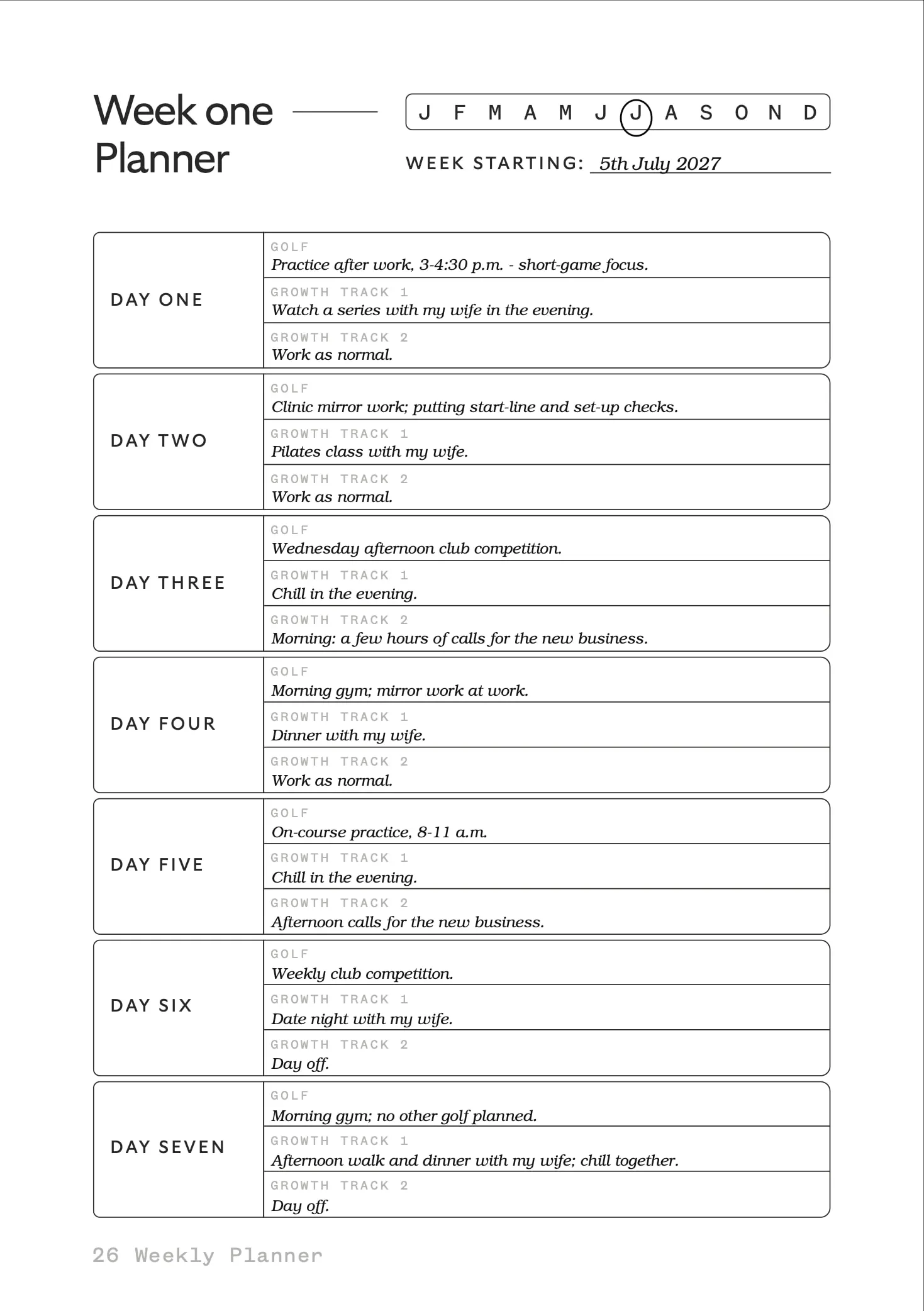 Week One Planner, filled in