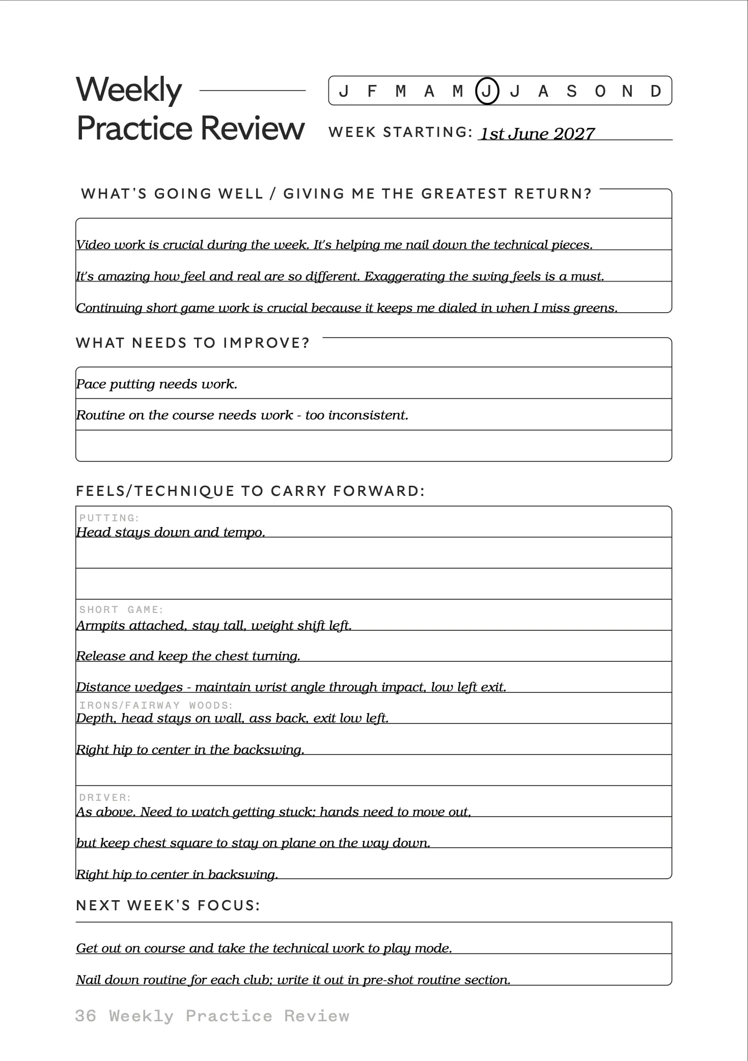 Weekly Practice Review, a filled-in sample page