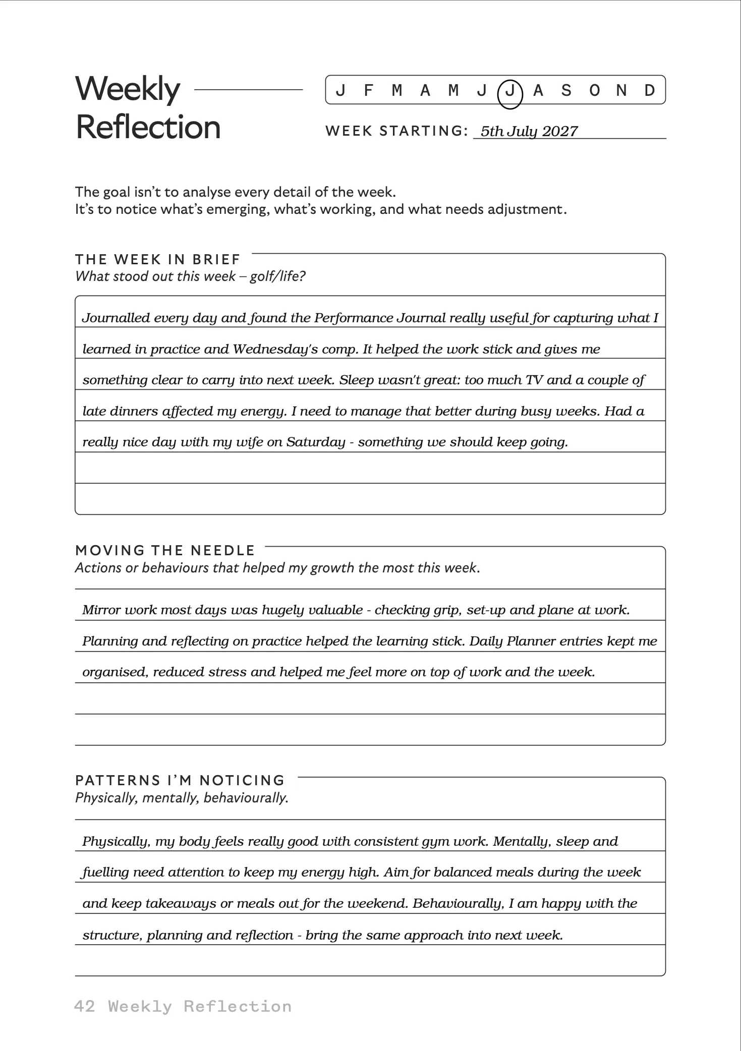 Weekly Reflection, Week 1, page 1, a filled-in sample page