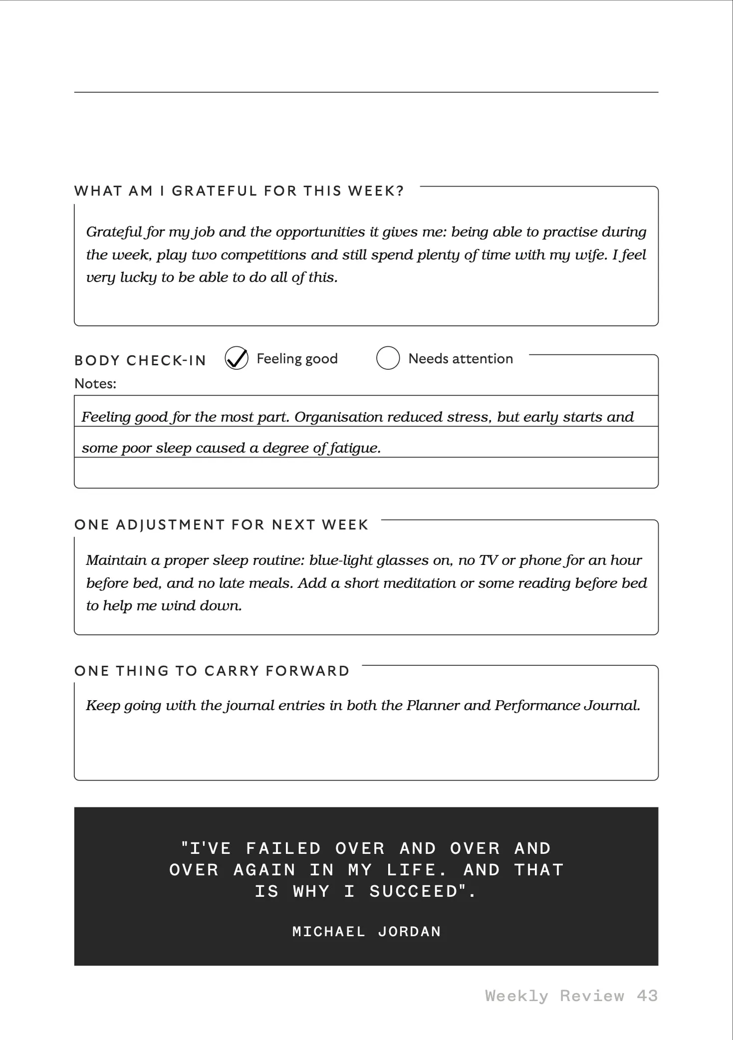 Weekly Reflection, Week 1, page 2, a filled-in sample page