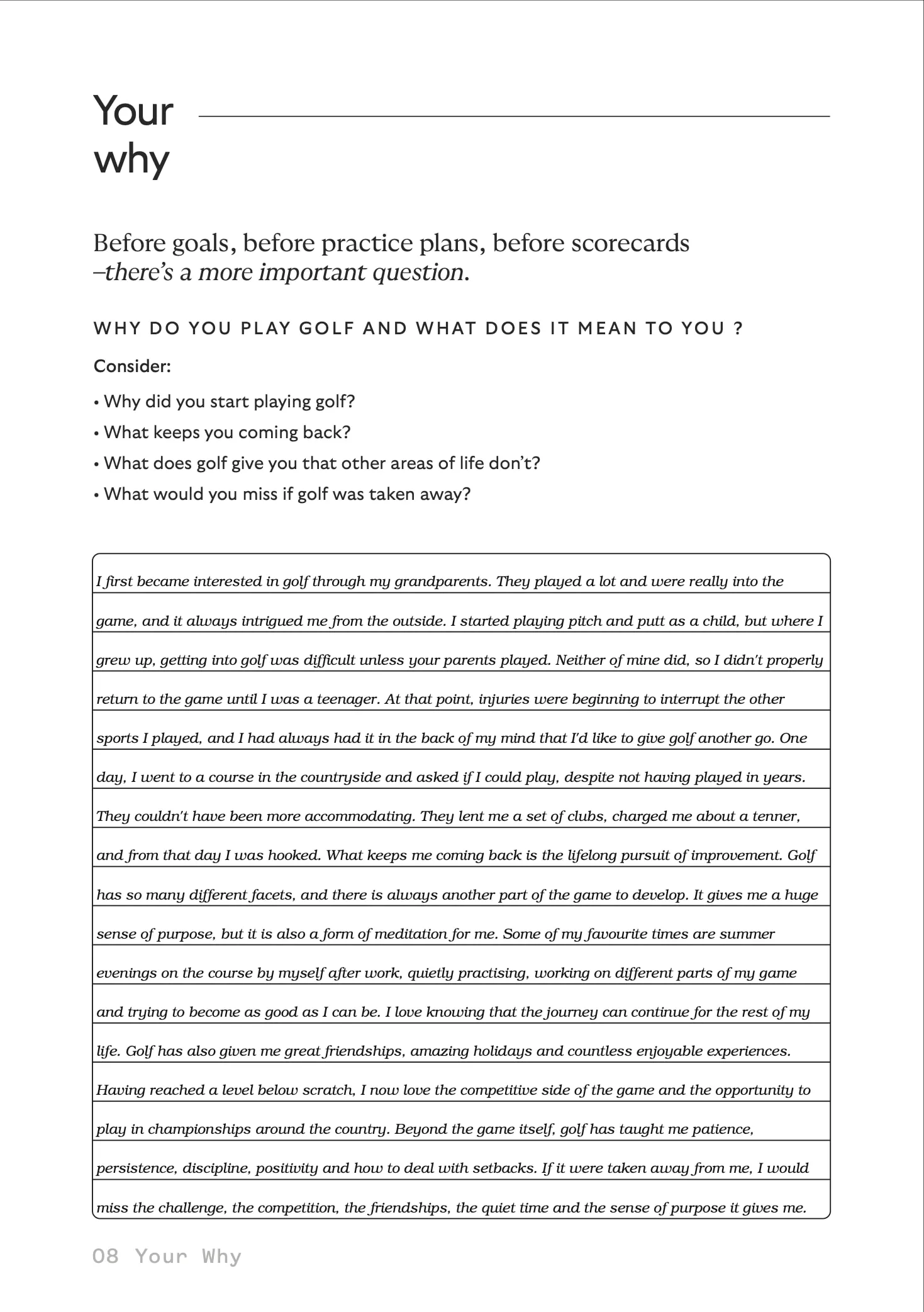 Your Why, a filled-in sample page